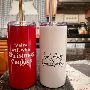 Set of 2 Christmas Stainless Steel Tumblers & Straws & Wine Bag!